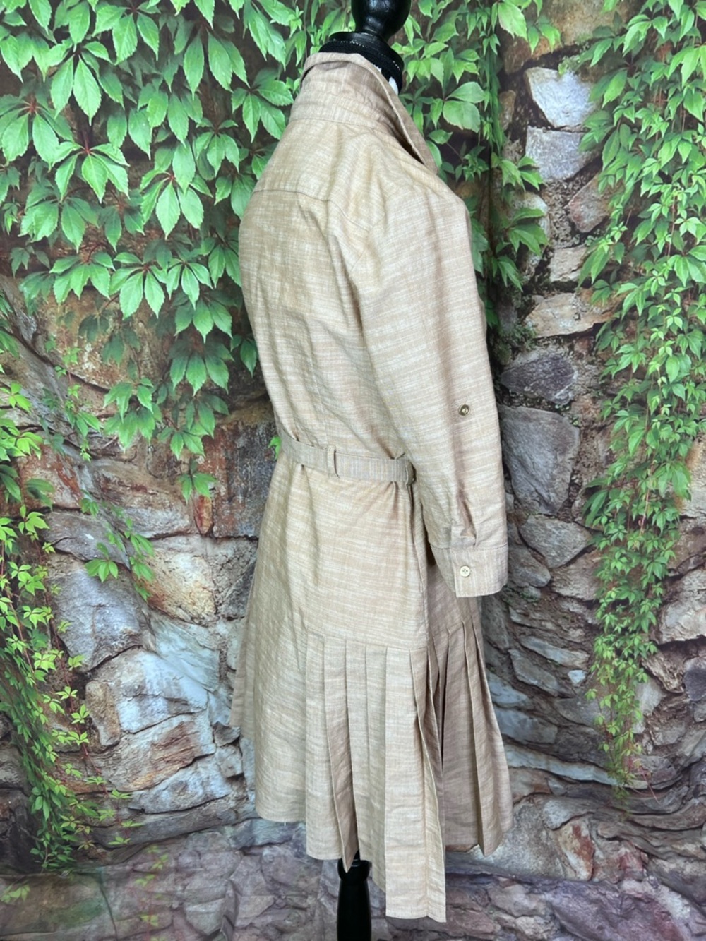 SHARAGANO Minimalist Luxury Designer Tan Shirtdress with Pleated Skirt, 4 - Picture 8 of 11